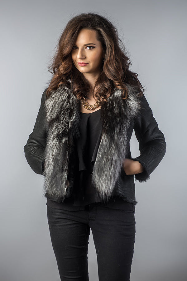 Black Merino Shearling Jacket with Arctic Fox Fur Collar by Buy Me Fur Ltd