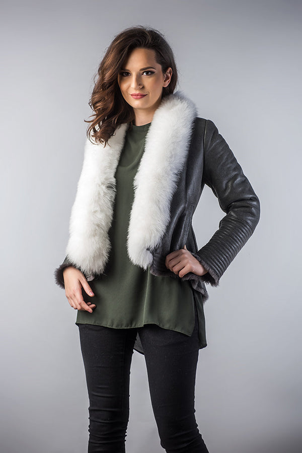 Gray Merino Shearling Jacket with Arctic Fox Fur Collar by Buy Me Fur Ltd