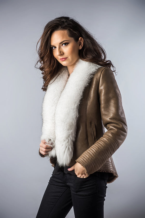 Taupe Merino Shearling Jacket with Arctic Fox Fur Collar by Buy Me Fur Ltd