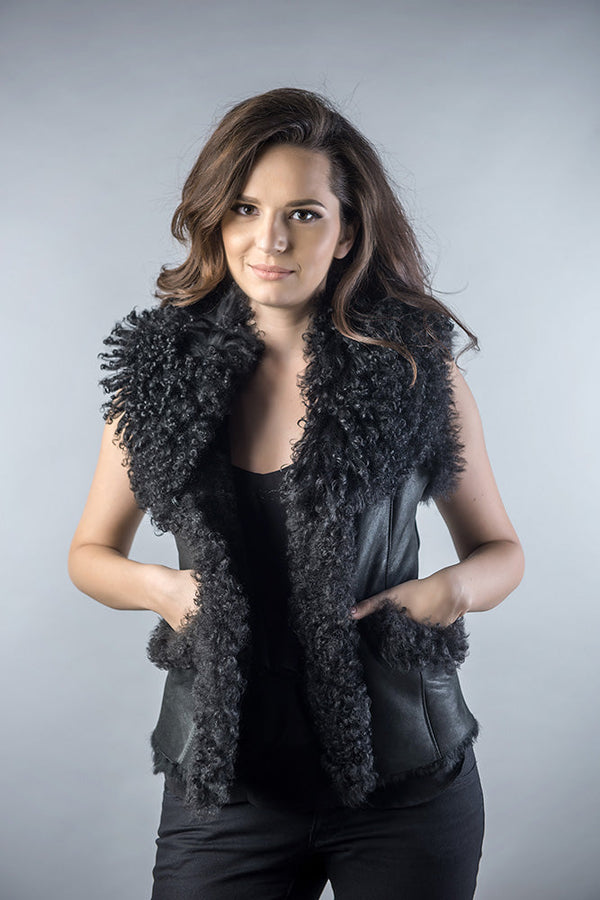 Black Natural Nappa Lambskin Merino Fur Vest by Buy Me Fur Ltd