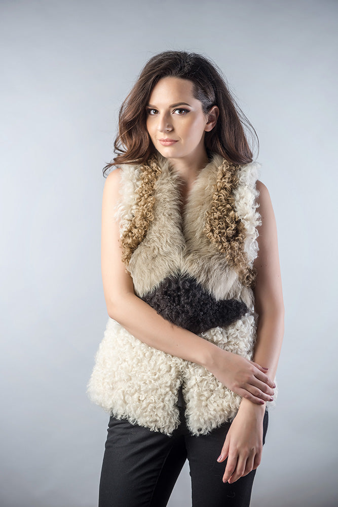 Beige Lamb Nappa Leather Shearling Vest by Buy Me Fur Ltd