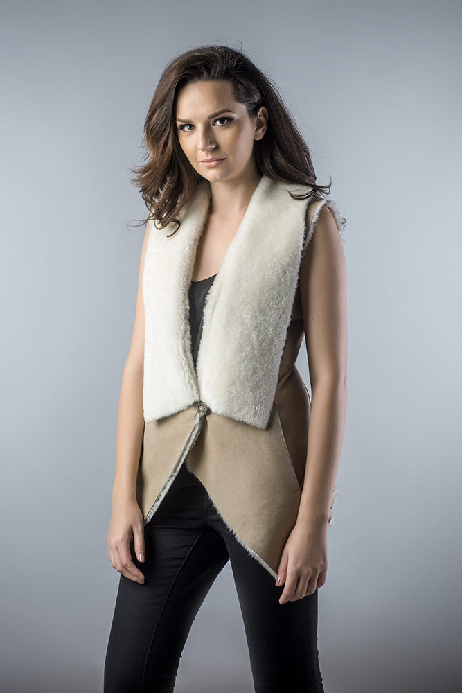 Beige Genuine Nappa Lambskin Merino Fur Vest by Buy Me Fur Ltd