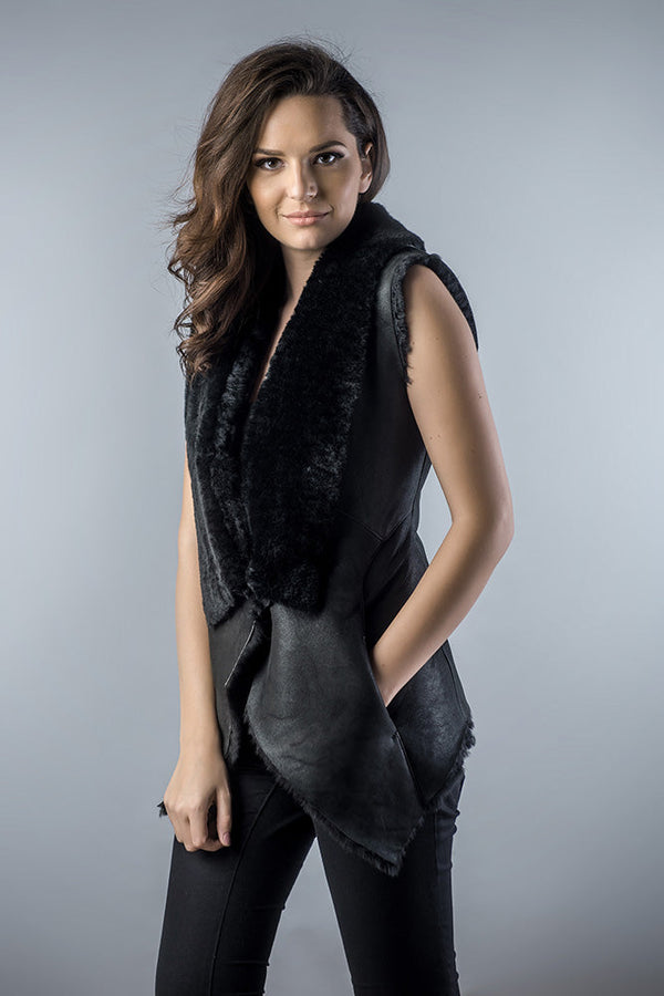 Black Genuine Nappa Lambskin Merino Fur Vest by Buy Me Fur Ltd