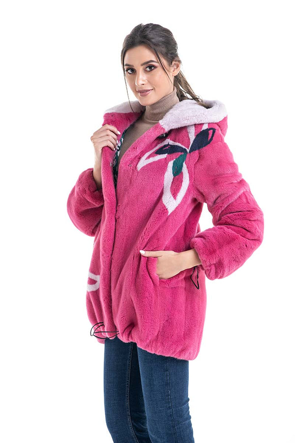 Fuchsia Floral Patterned Genuine Hooded Mink Fur Coat by Buy Me Fur Ltd