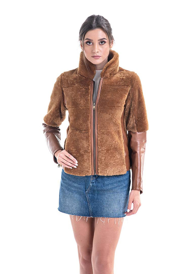 Cognac Lamb Shearling Leather Jacket by Buy Me Fur Ltd