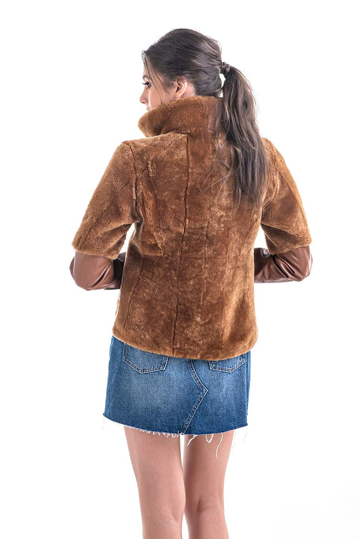 Cognac Lamb Shearling Leather Jacket by Buy Me Fur Ltd