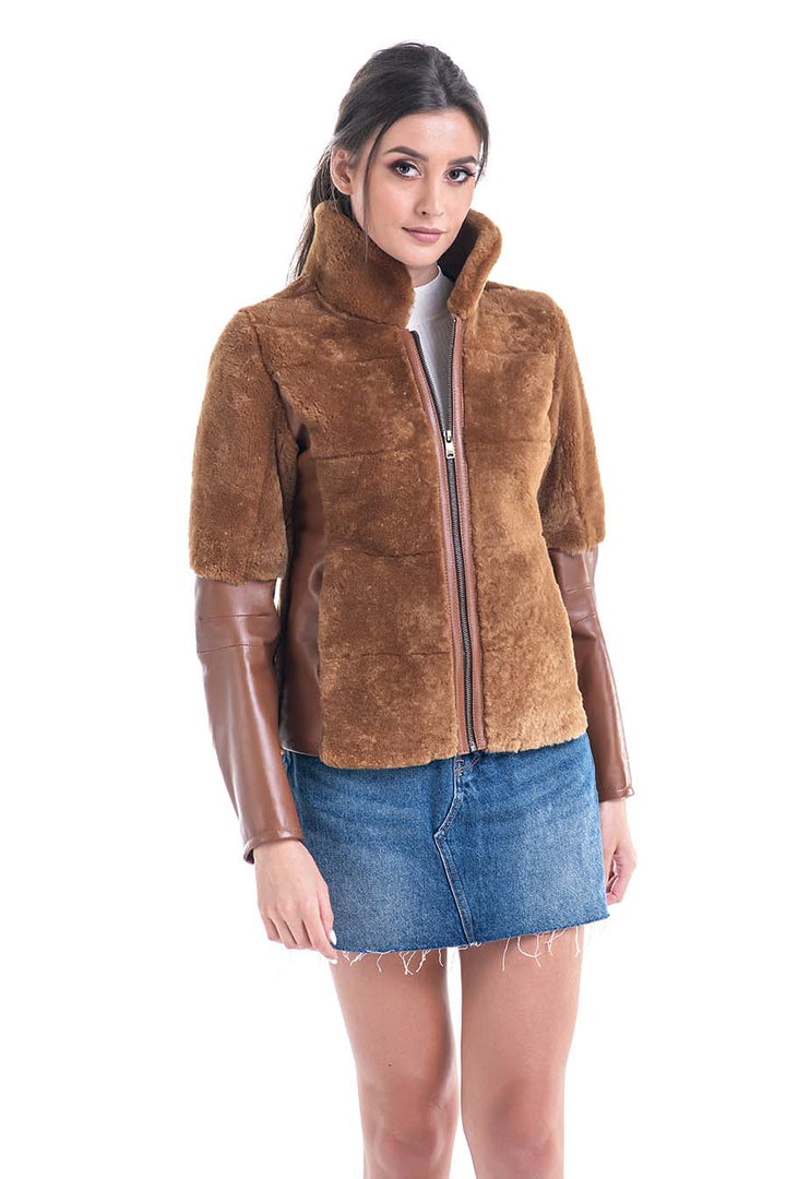 Cognac Lamb Shearling Leather Jacket by Buy Me Fur Ltd