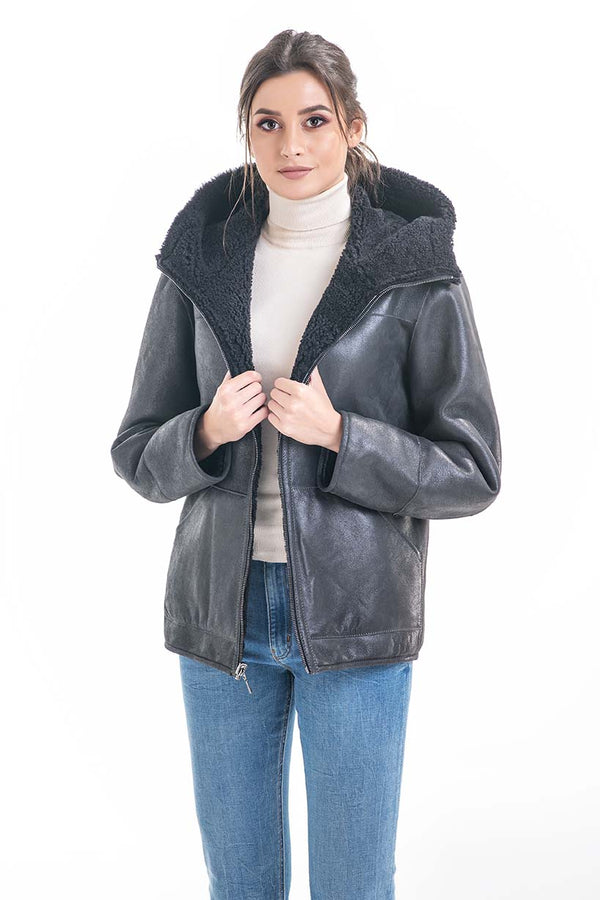 Gray Nappa Lambskin Reversible Shearling Jacket by Buy Me Fur Ltd