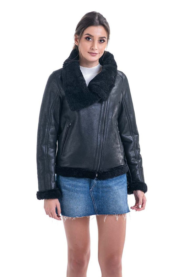 Black Shearling Leather Jacket with Merino Fur Detailing by Buy Me Fur Ltd