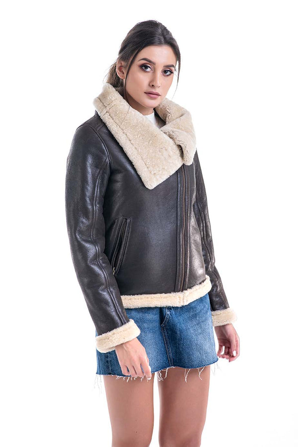 Brown Shearling Leather Jacket with Merino Fur Detailing by Buy Me Fur Ltd