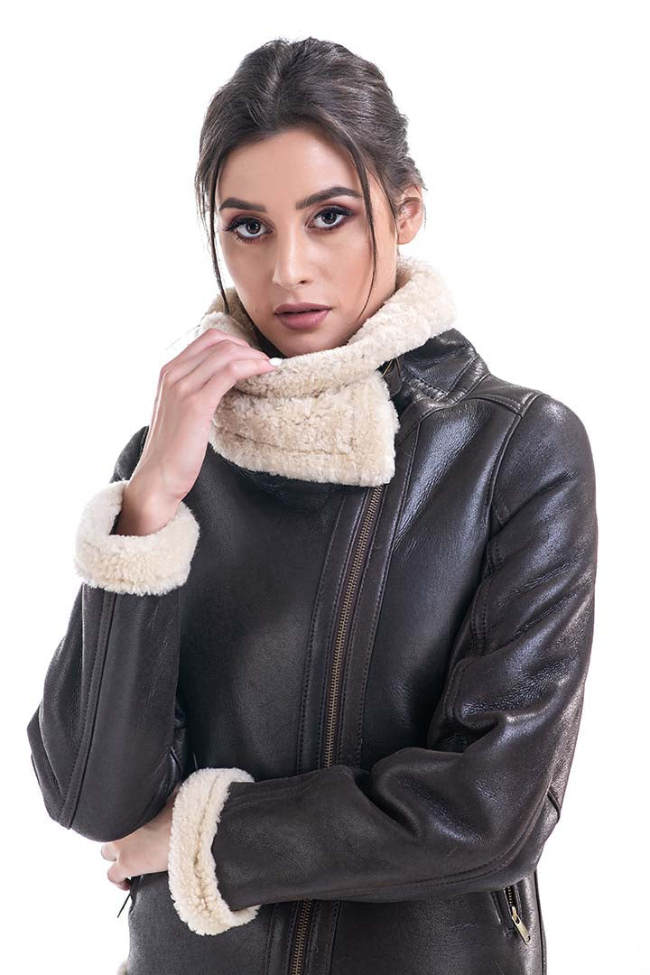 Brown Shearling Leather Jacket with Merino Fur Detailing by Buy Me Fur Ltd