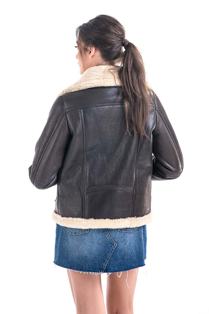 Brown Shearling Leather Jacket with Merino Fur Detailing by Buy Me Fur Ltd