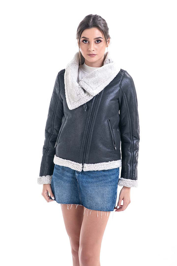 Gray Shearling Leather Jacket with Merino Fur Detailing by Buy Me Fur Ltd