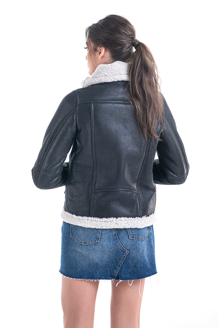 Gray Shearling Leather Jacket with Merino Fur Detailing by Buy Me Fur Ltd