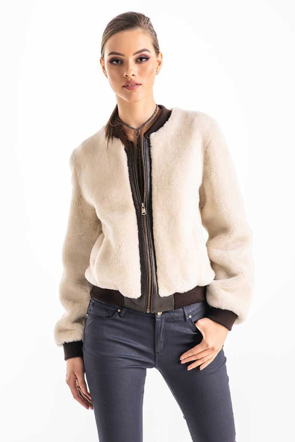 Beige Natural Sheepskin Mouton Fur Jacket-0