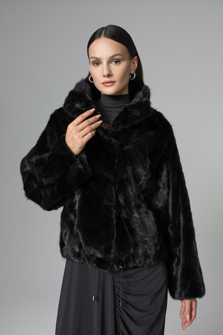 Black Natural Mink Fur Jacket with Nutria Fur Trims by Buy Me Fur Ltd