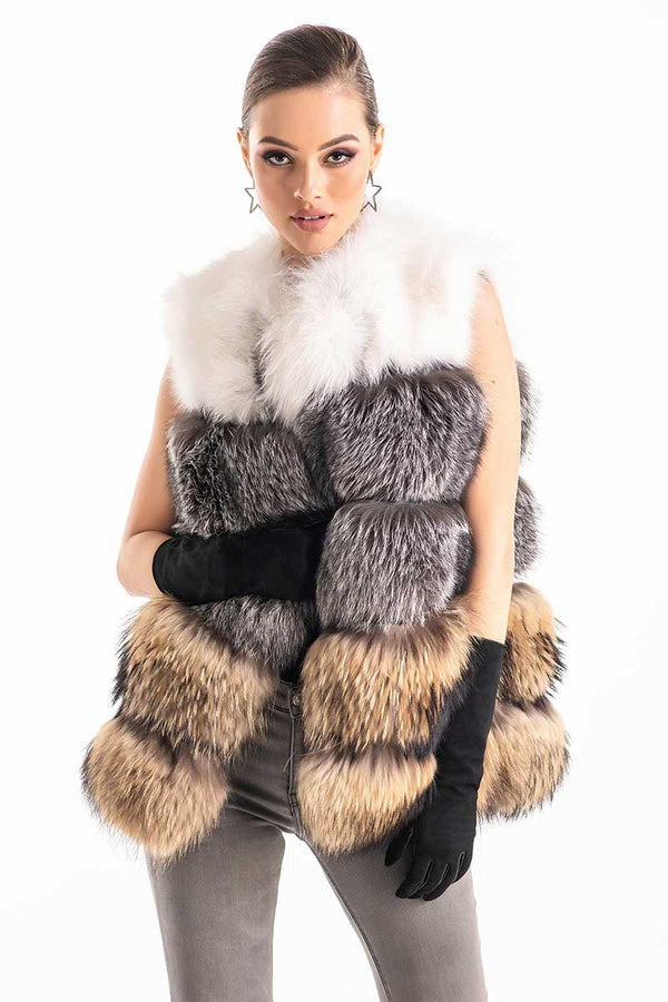 Multicolor Genuine Fox  and Racoon Fur Vest by Buy Me Fur Ltd