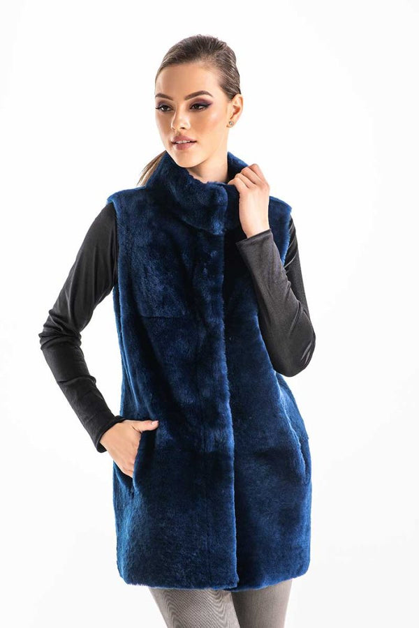 Blue Reversible Geniune Nappa Lamb Leather Mouton Fur Vest-0