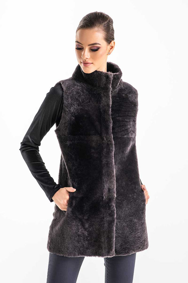 Gray Reversible Geniune Nappa Lamb Leather Mouton Fur Vest-0