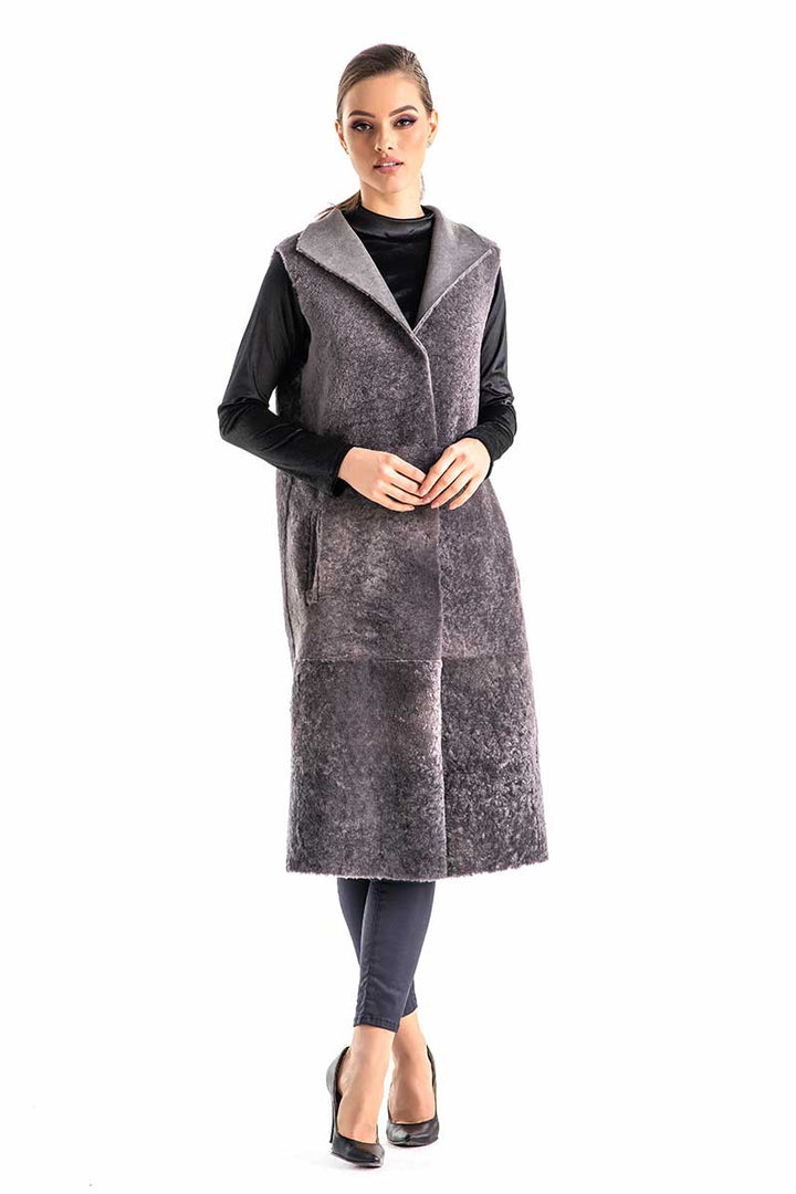 Gray Double Face Geniune Nappa Lamb Leather Mouton Long Fur Vest by Buy Me Fur Ltd