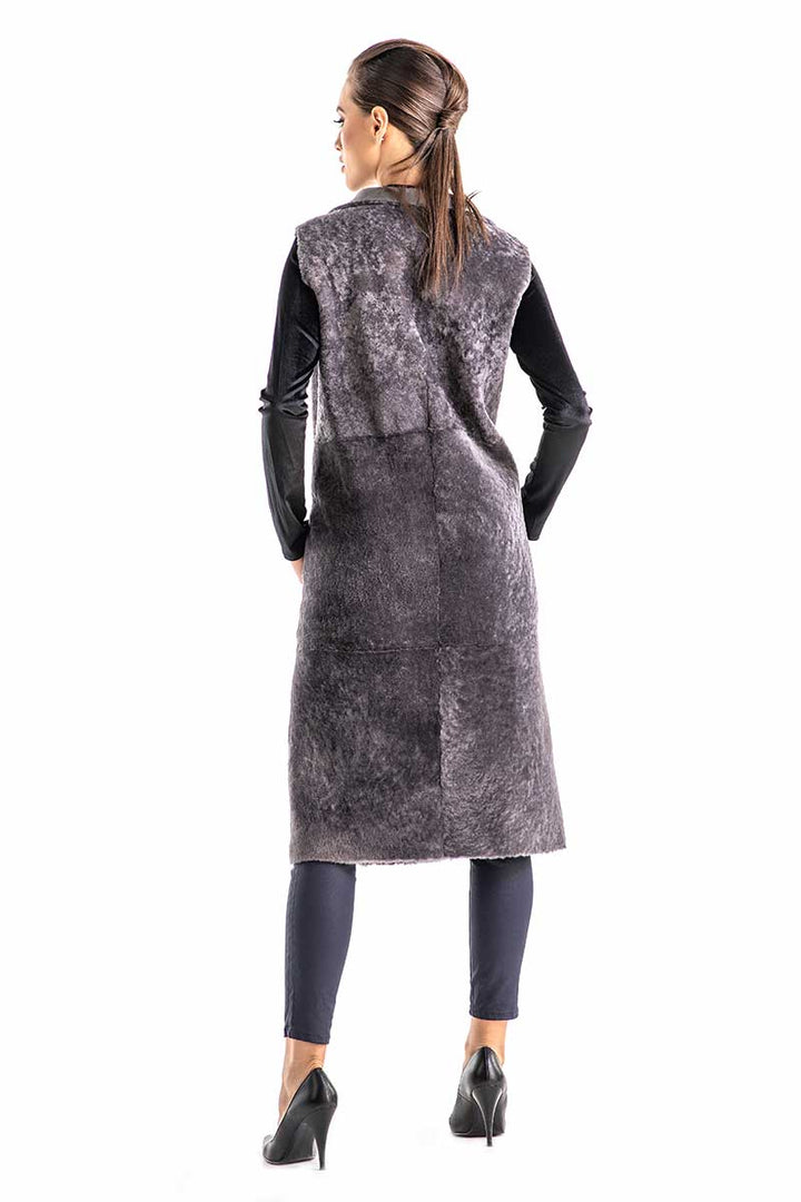 Gray Double Face Geniune Nappa Lamb Leather Mouton Long Fur Vest by Buy Me Fur Ltd