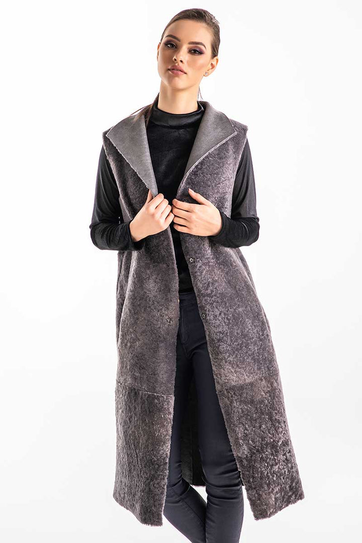 Gray Double Face Geniune Nappa Lamb Leather Mouton Long Fur Vest by Buy Me Fur Ltd