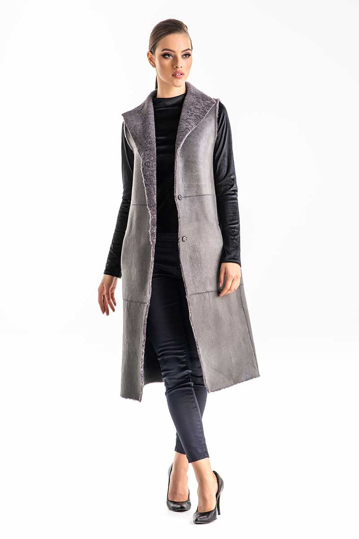 Gray Double Face Geniune Nappa Lamb Leather Mouton Long Fur Vest by Buy Me Fur Ltd