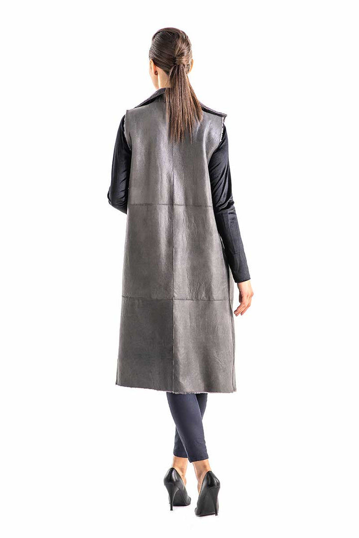 Gray Double Face Geniune Nappa Lamb Leather Mouton Long Fur Vest by Buy Me Fur Ltd