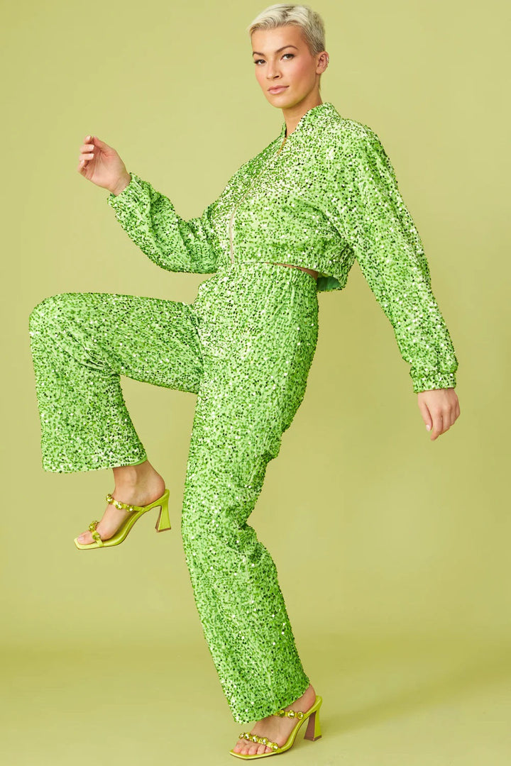 Green Bamboo Blend Sequin Trousers-0