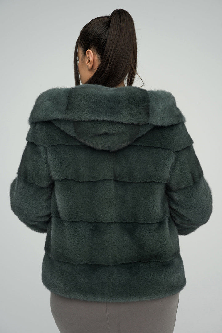 Olive Genuine Hooded Mink Fur Coat by Buy Me Fur Ltd