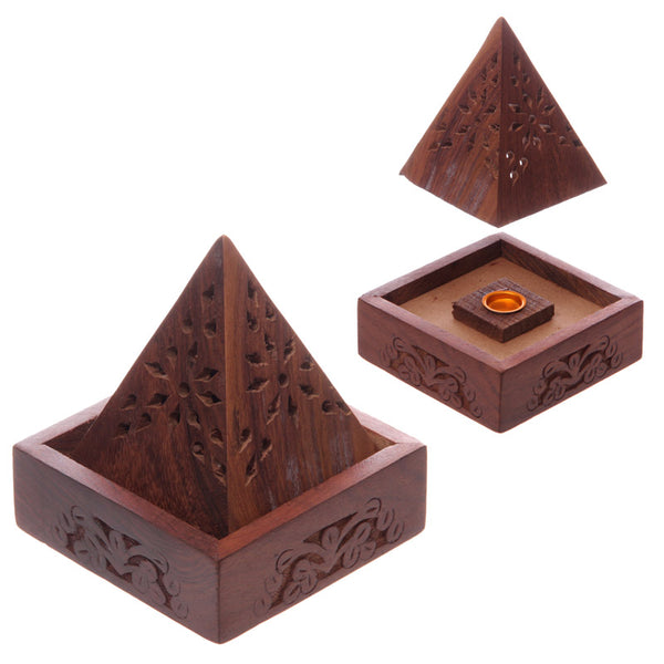 Pyramid Sheesham Wood Incense Cone Box with Fretwork IF198 by Puckator