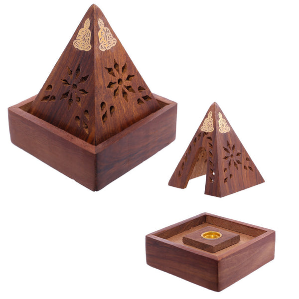 Decorative Sheehsam Wood Incense Cone Pyramid Box IF203