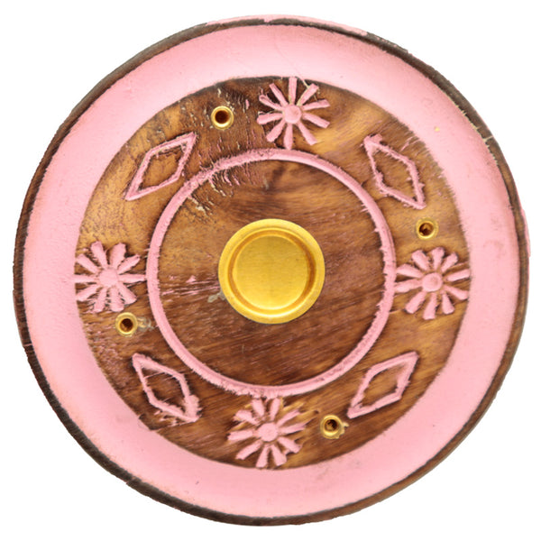 Decorative Round Painted Flower Wooden Incense Burner Ash Catcher IF227