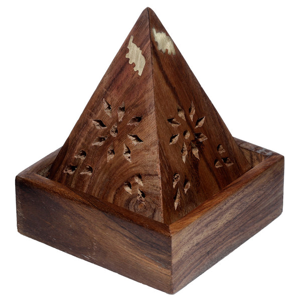 Sheesham Wood Pyramid Incense Cone Burner Box with Elephant IF246