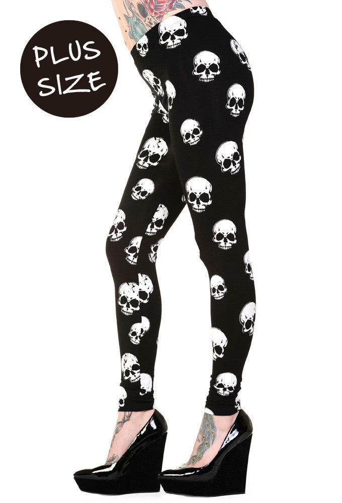 Banned Clothing - White Skulls Plus Size Black Leggings - napoleonshousecleaning Clothing