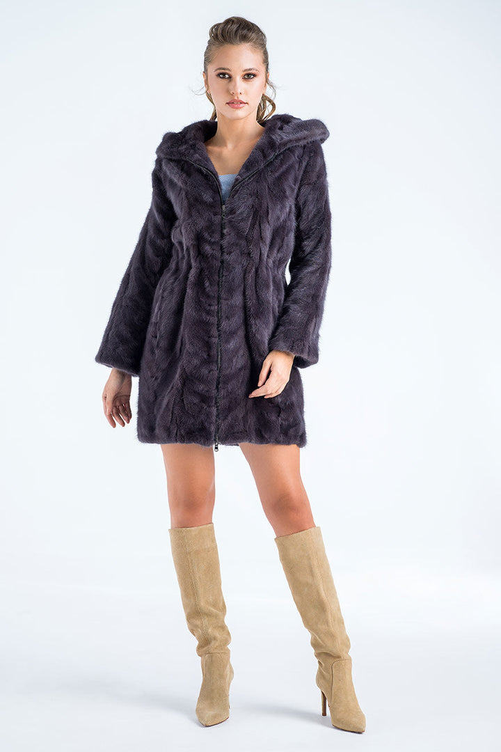 Gray Natural Hooded Mink Fur Coat by Buy Me Fur Ltd