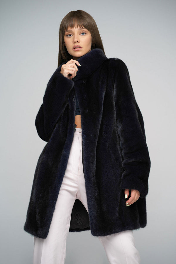 Navy Blue Genuine Mink Fur Midi Coat by Buy Me Fur Ltd