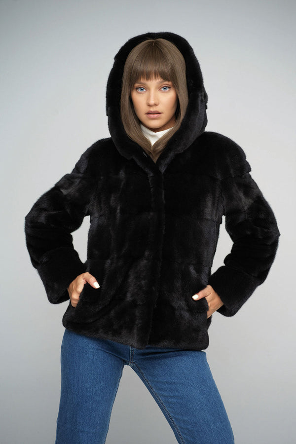 Black Luxury Genuine Mink Fur Hooded Jacket by Buy Me Fur Ltd