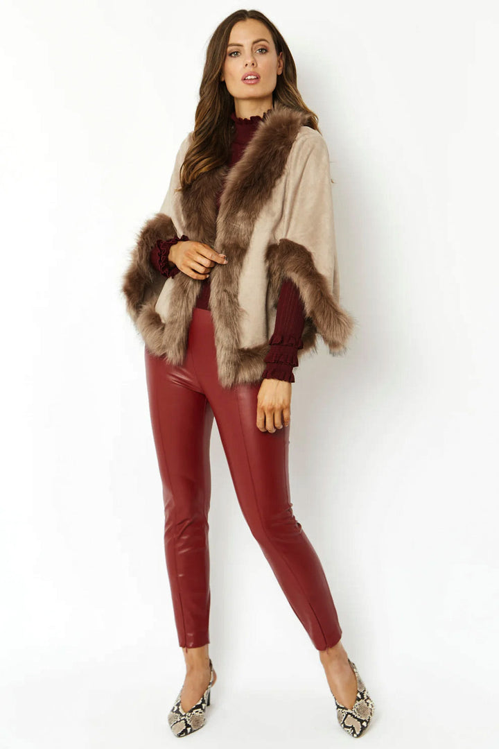 Mocha Faux Fur Suede Cape Jacket-1