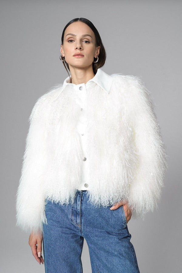 White Natural Mongolian Shearling Jacket by Buy Me Fur Ltd