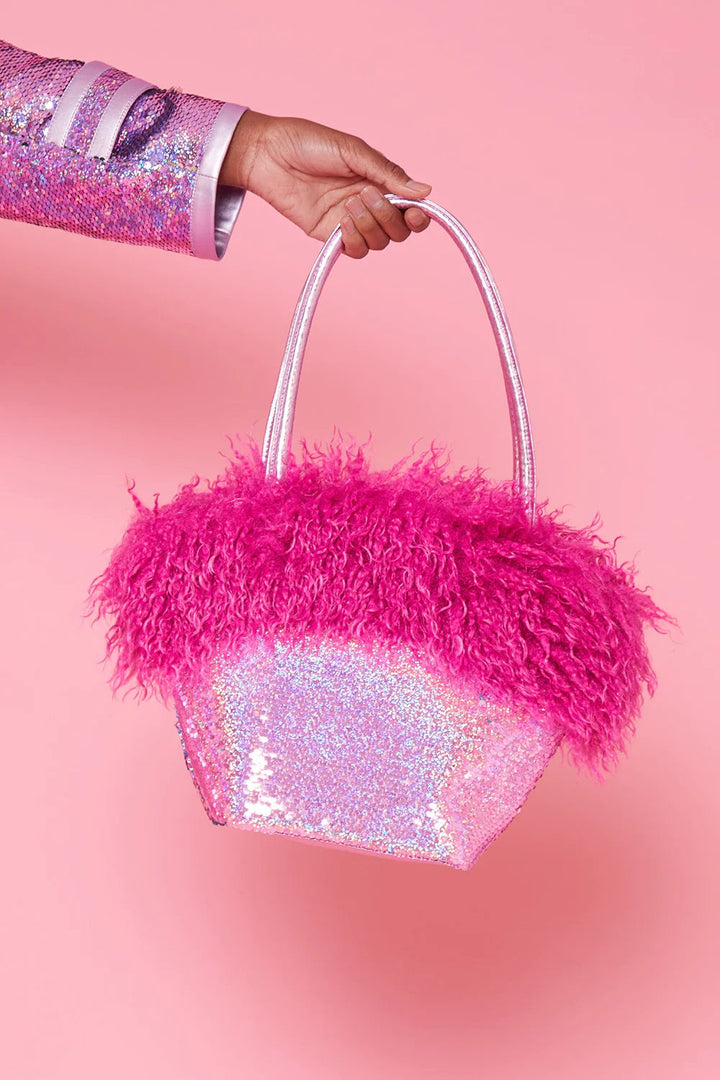 Pink Bamboo Sequin Faux Fur Bag-0