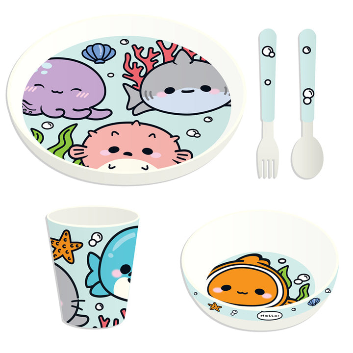 Recycled RPET Set of 5 Kids Cup, Bowl, Plate & Cutlery Set - Adoramals Sealife RPSET04-0