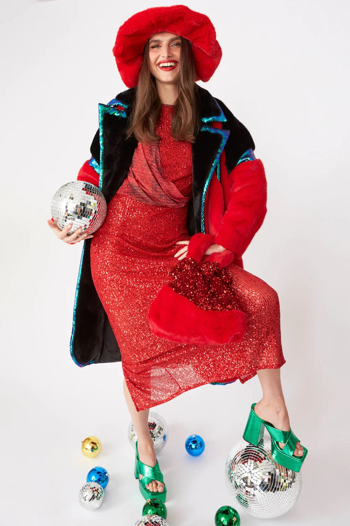 Red Faux Fur Coat with Sequin Trim-1