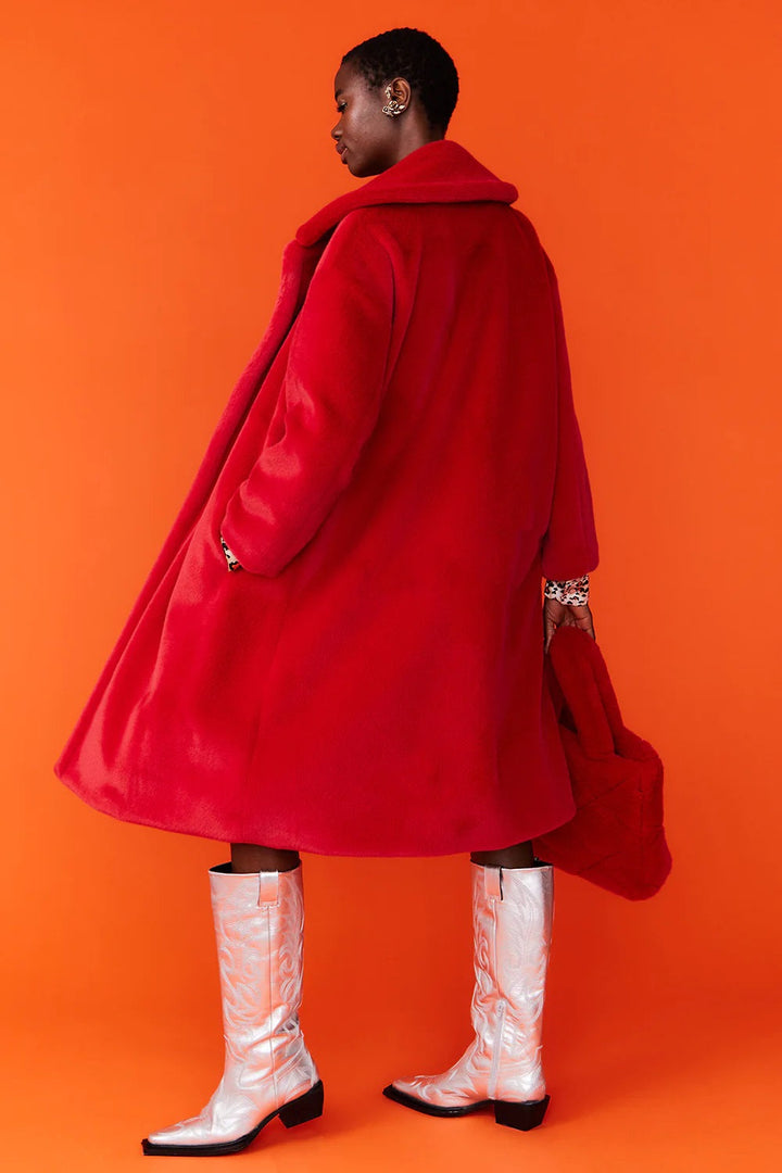 Red Faux Fur Midi Duchess Coat-2