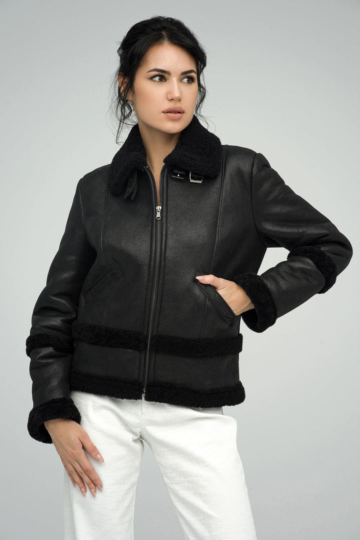 Black Merino Shearling Leather Jacket by Buy Me Fur Ltd