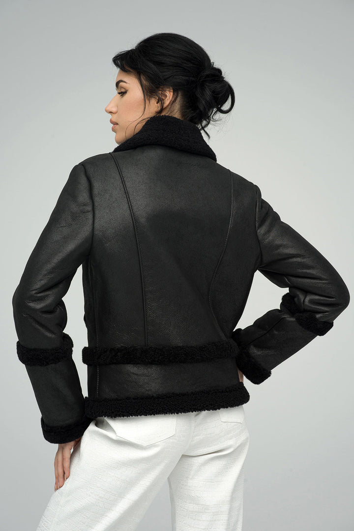 Black Merino Shearling Leather Jacket by Buy Me Fur Ltd