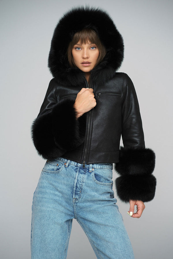 Black Merino Leather Jacket with Fox Fur Collar and Cuffs by Buy Me Fur Ltd