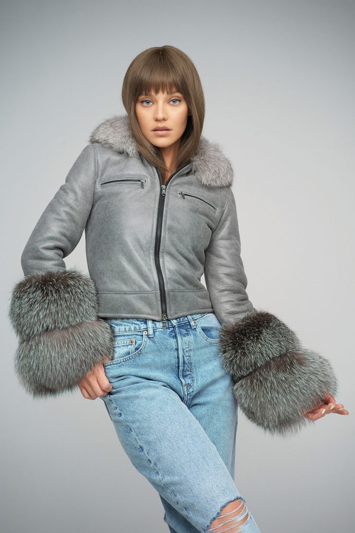 Gray Merino Leather Jacket with Fox Fur Collar and Cuffs by Buy Me Fur Ltd