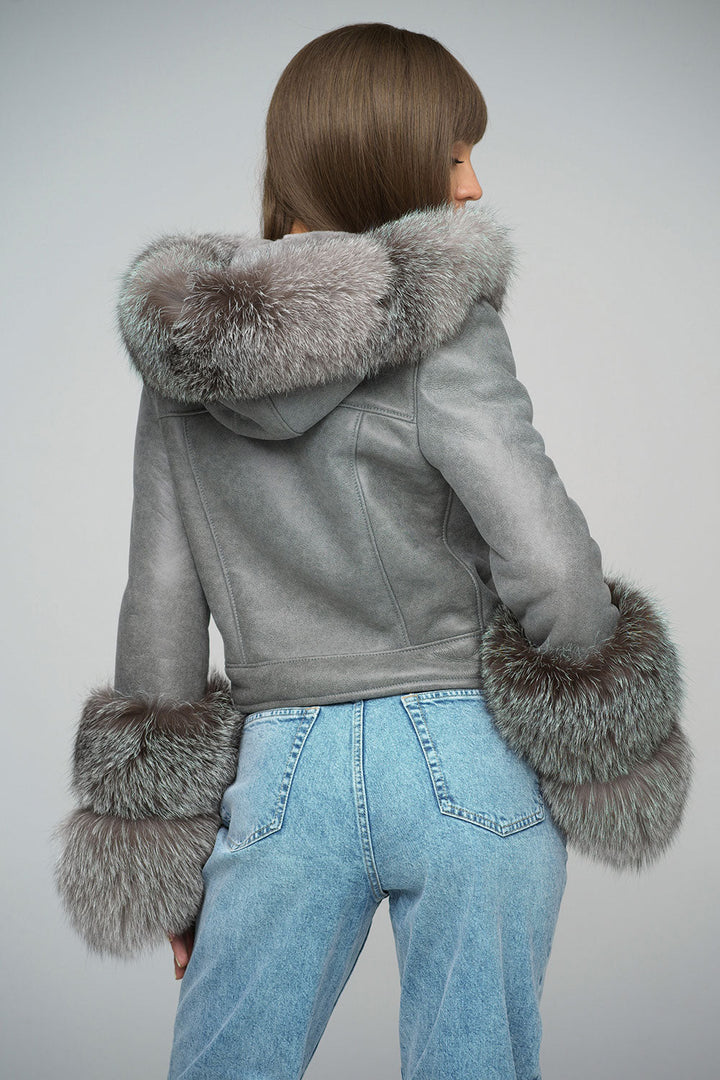 Gray Merino Leather Jacket with Fox Fur Collar and Cuffs by Buy Me Fur Ltd