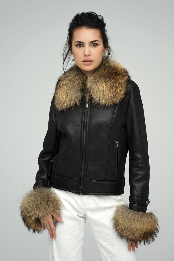 Black Sheepskin Jacket with Raccoon Fur Collar and Cuffs by Buy Me Fur Ltd